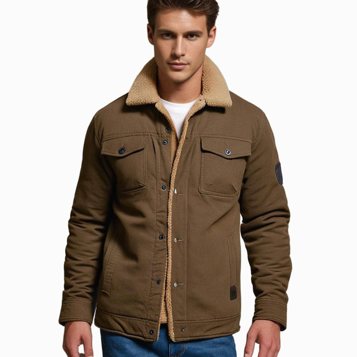 Men's Sherpa-Lined Fleece Casual Jacket Multi-Pocket Outdoor