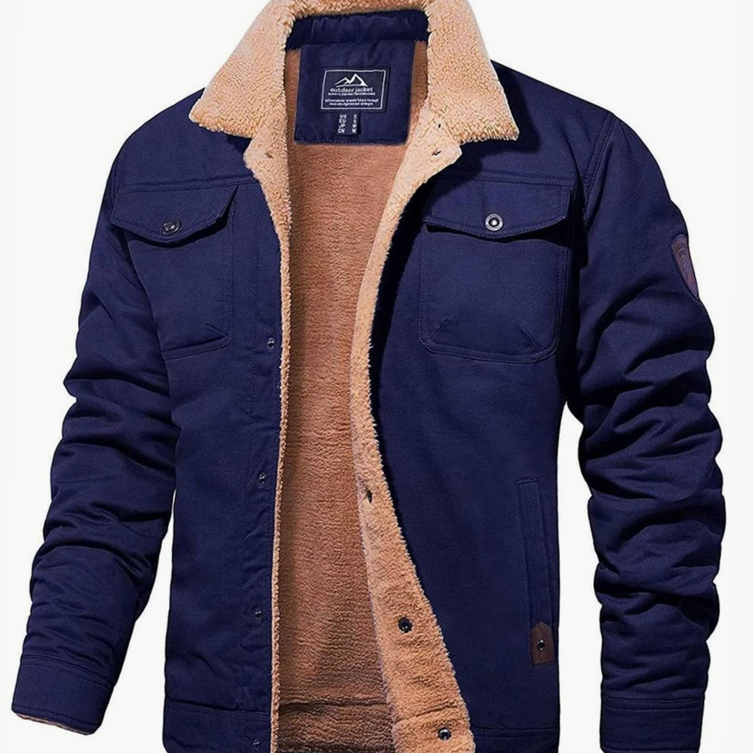 Men's Sherpa-Lined Fleece Winter Jacket Multi-Pocket - Navy Blue