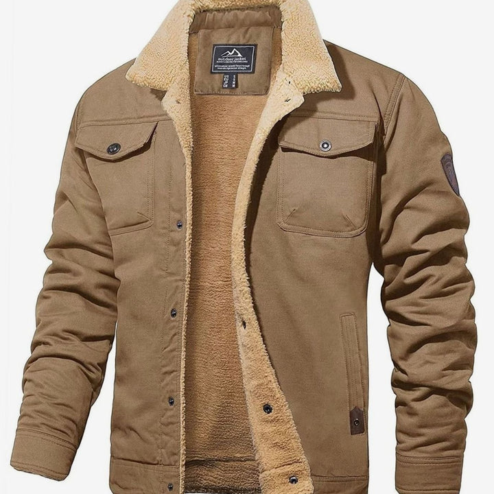 Men's Sherpa-Lined Fleece Winter Jacket Multi-Pocket - Khaki