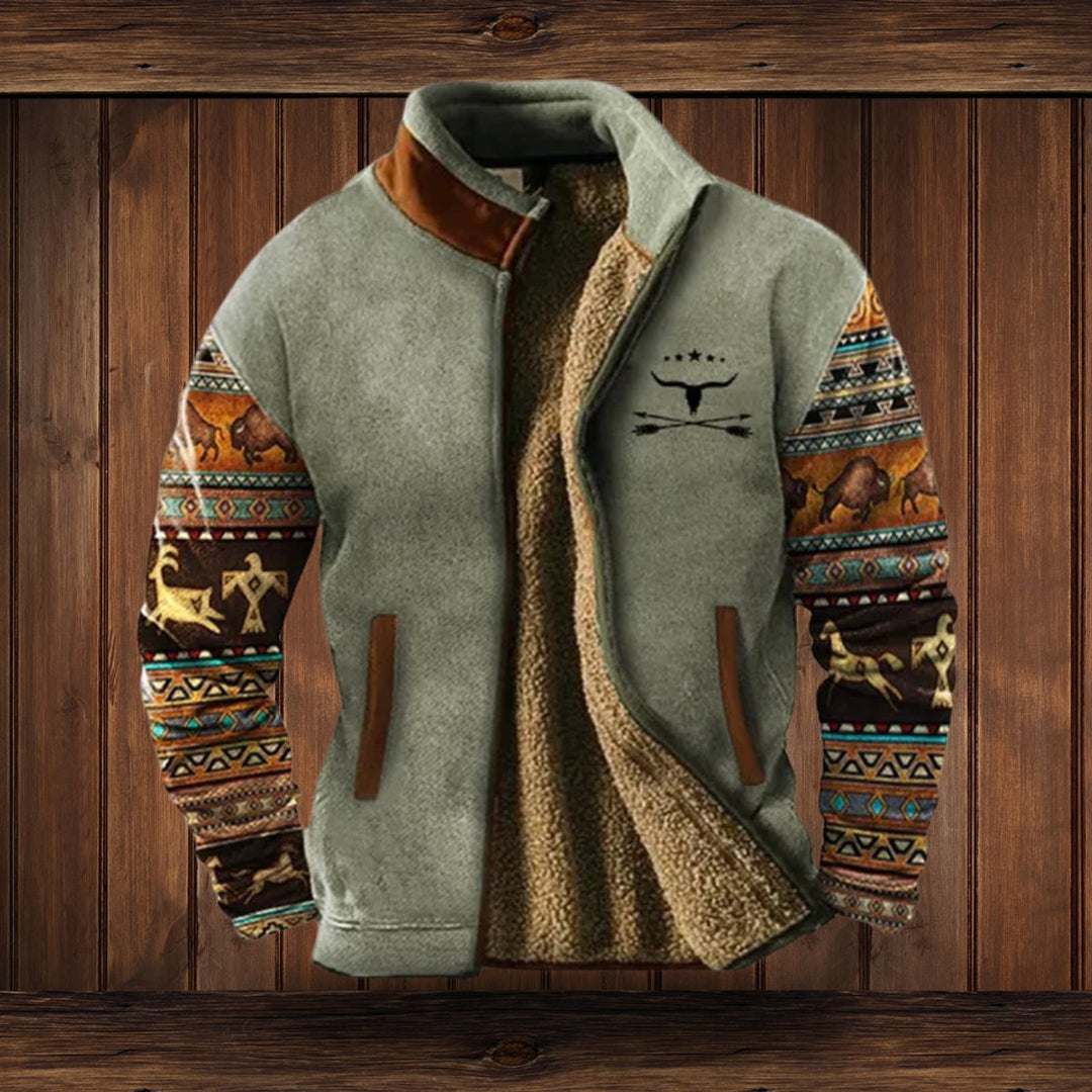 Men's Sherpa-Lined Merino Fleece Full-Zip Southwestern Print Jacket - Gray