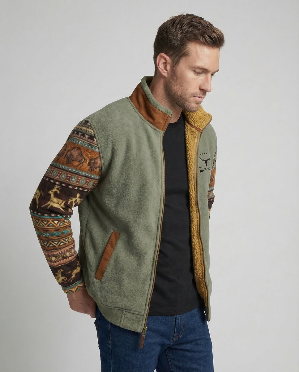 Men's Sherpa-Lined Merino Fleece Full-Zip Southwestern Print Jacket