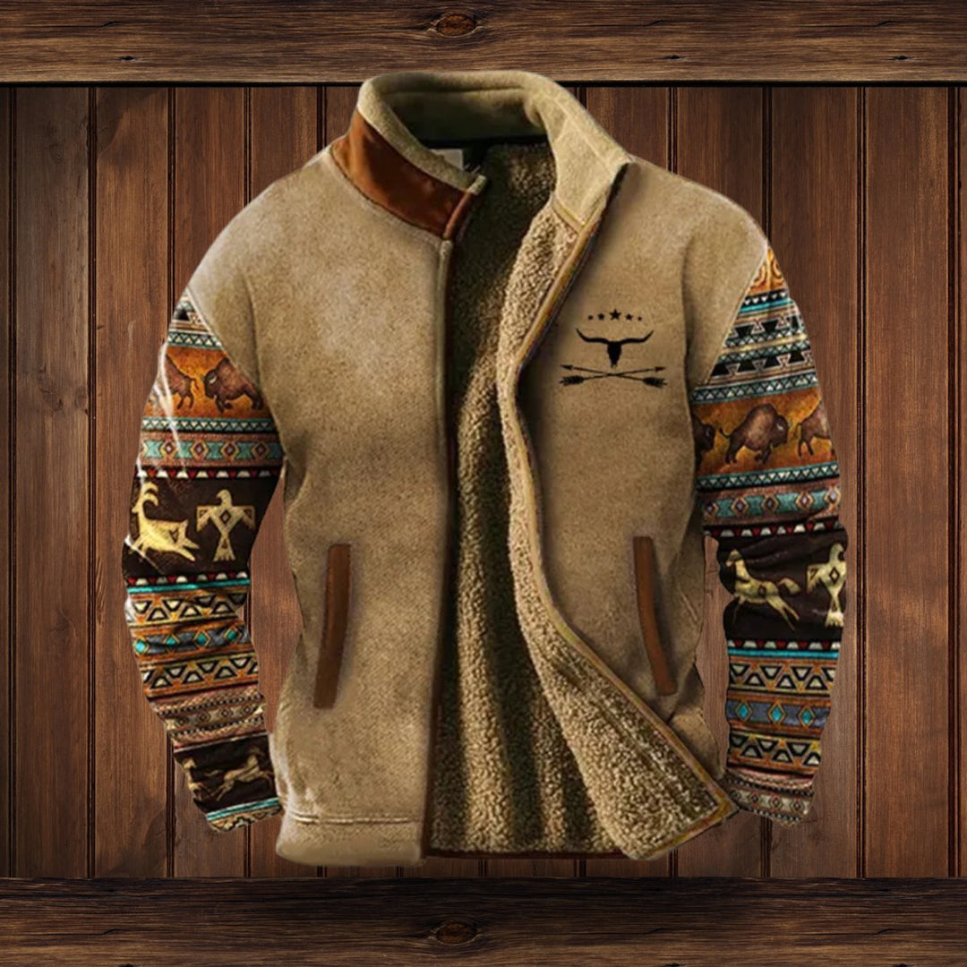 Men's Sherpa-Lined Merino Fleece Full-Zip Southwestern Print Jacket - Brown 2