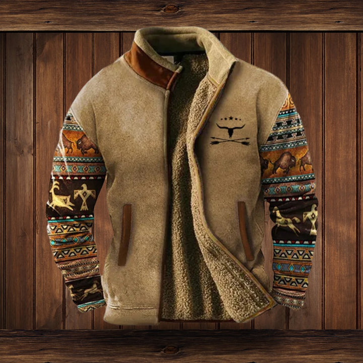 Men's Sherpa-Lined Merino Fleece Full-Zip Southwestern Print Jacket - Brown 2