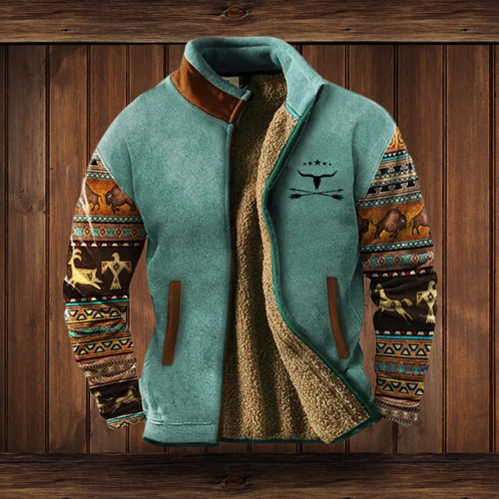 Men's Sherpa-Lined Merino Fleece Full-Zip Southwestern Print Jacket - Blue 2