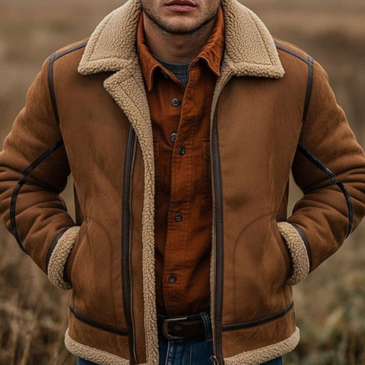 Men's Sherpa-Lined Suede Aviator Bomber Jacket - Brown