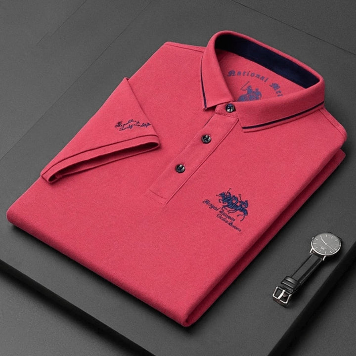 Men's Short-Sleeve Contrast-Trim Polo Shirt - Czerwony
