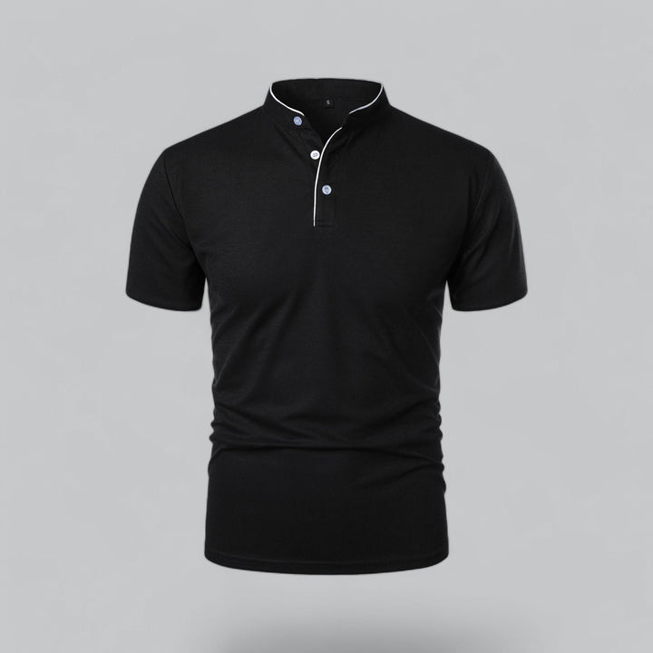 Men's Short-Sleeve Mandarin Collar Cotton Polo Shirt - Black
