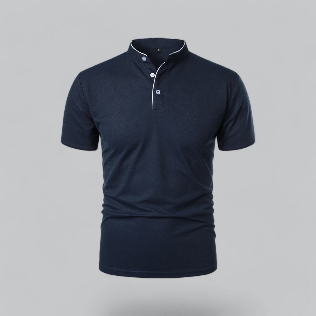 Men's Short-Sleeve Mandarin Collar Cotton Polo Shirt - Navy Blue