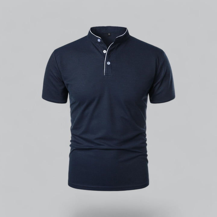 Men's Short-Sleeve Mandarin Collar Cotton Polo Shirt - Navy Blue