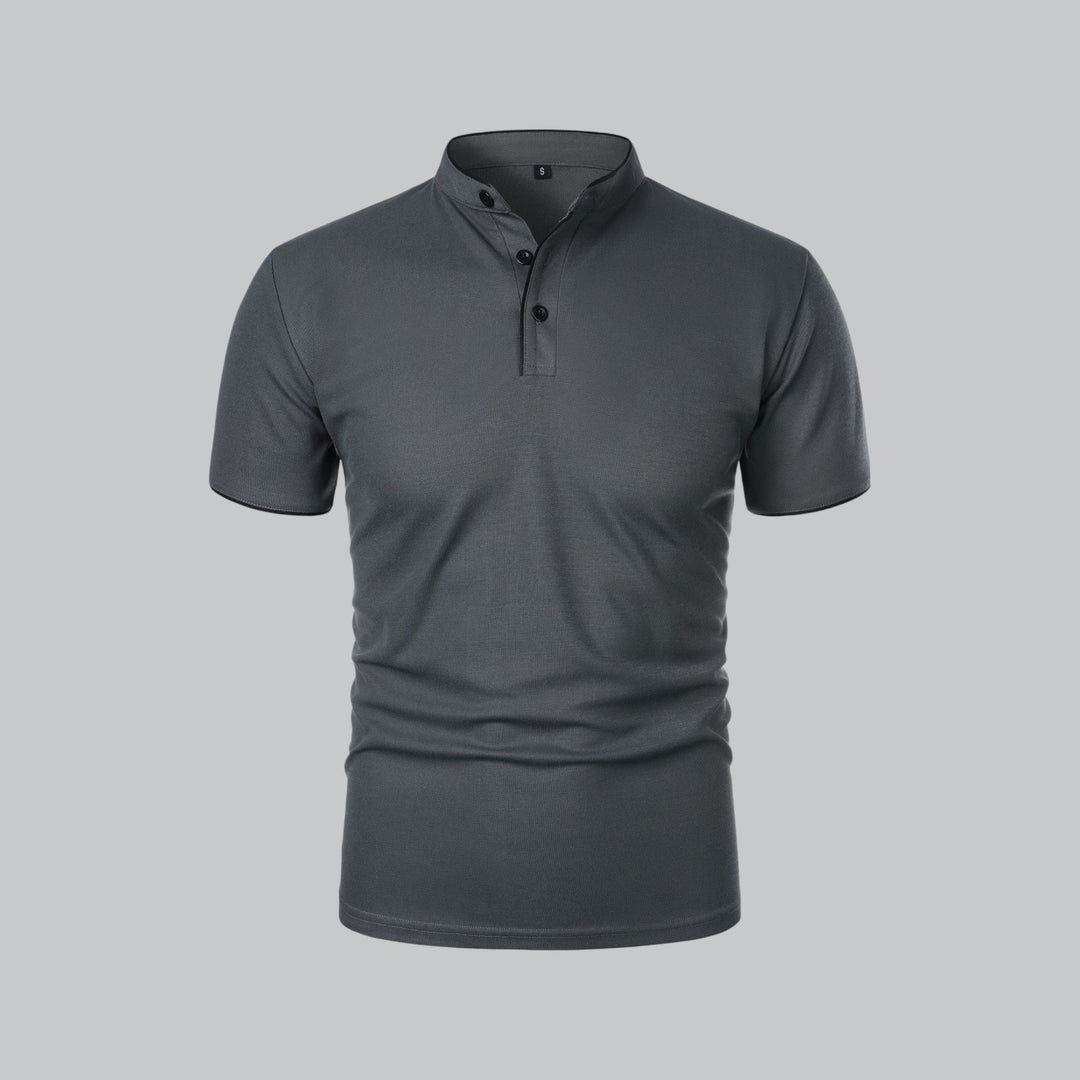 Men's Short-Sleeve Mandarin Collar Cotton Polo Shirt - Dark Grey