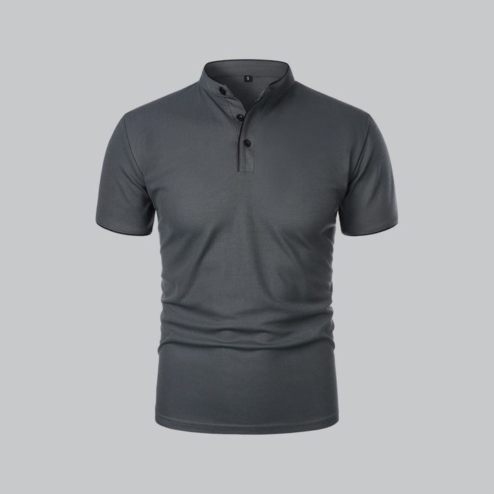 Men's Short-Sleeve Mandarin Collar Cotton Polo Shirt - Dark Grey