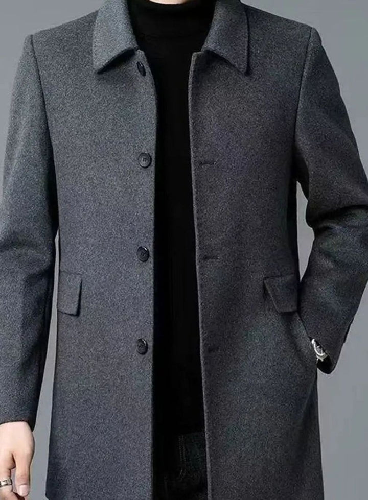Men's Single-Breasted Tailored Wool Overcoat - Dark Gray