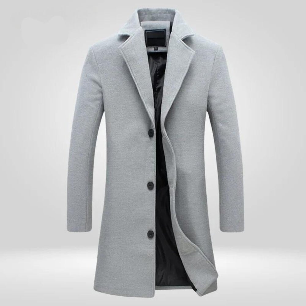 Men's Single-Breasted Wool Coat Long Slim Winter Overcoat - Gray
