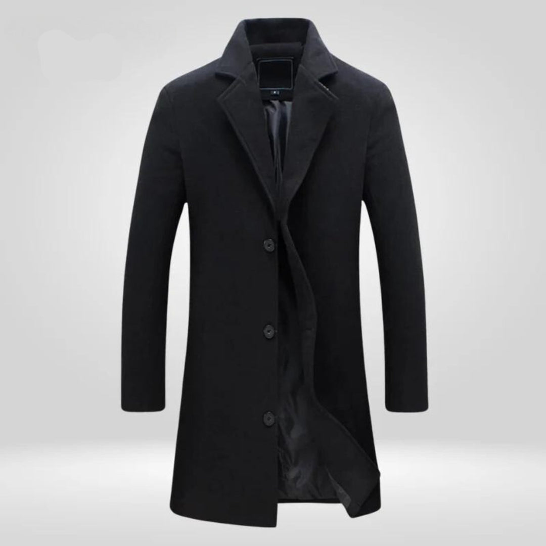 Men's Single-Breasted Wool Coat Long Slim Winter Overcoat - Black