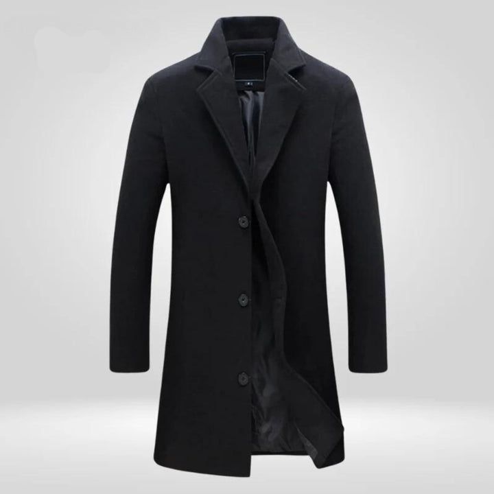 Men's Single-Breasted Wool Coat Long Slim Winter Overcoat - Black