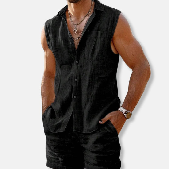 Men's Sleeveless Button-Down Linen-Look Shirt Shorts Set - Black