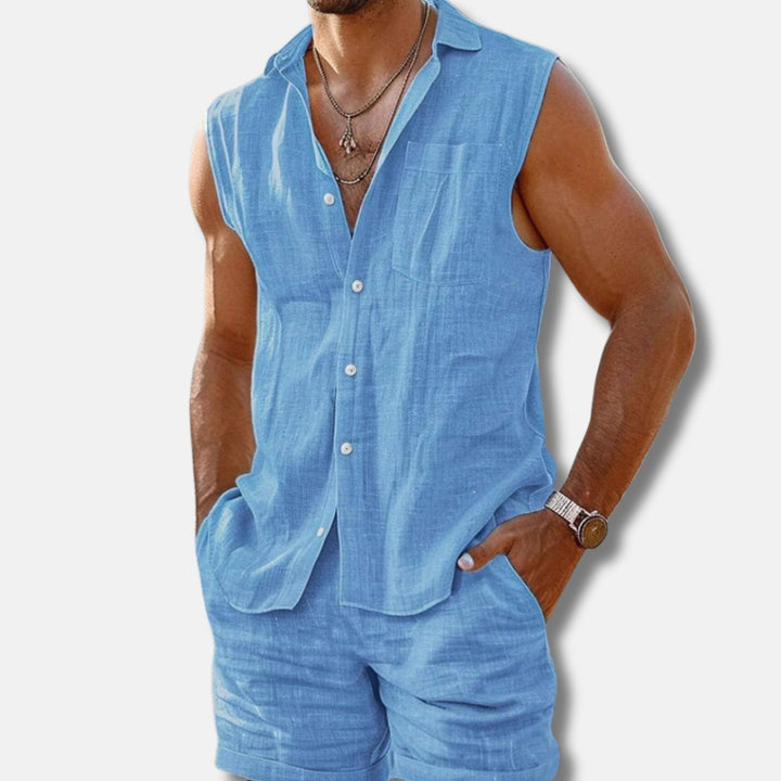 Men's Sleeveless Button-Down Linen-Look Shirt Shorts Set - Sky Blue