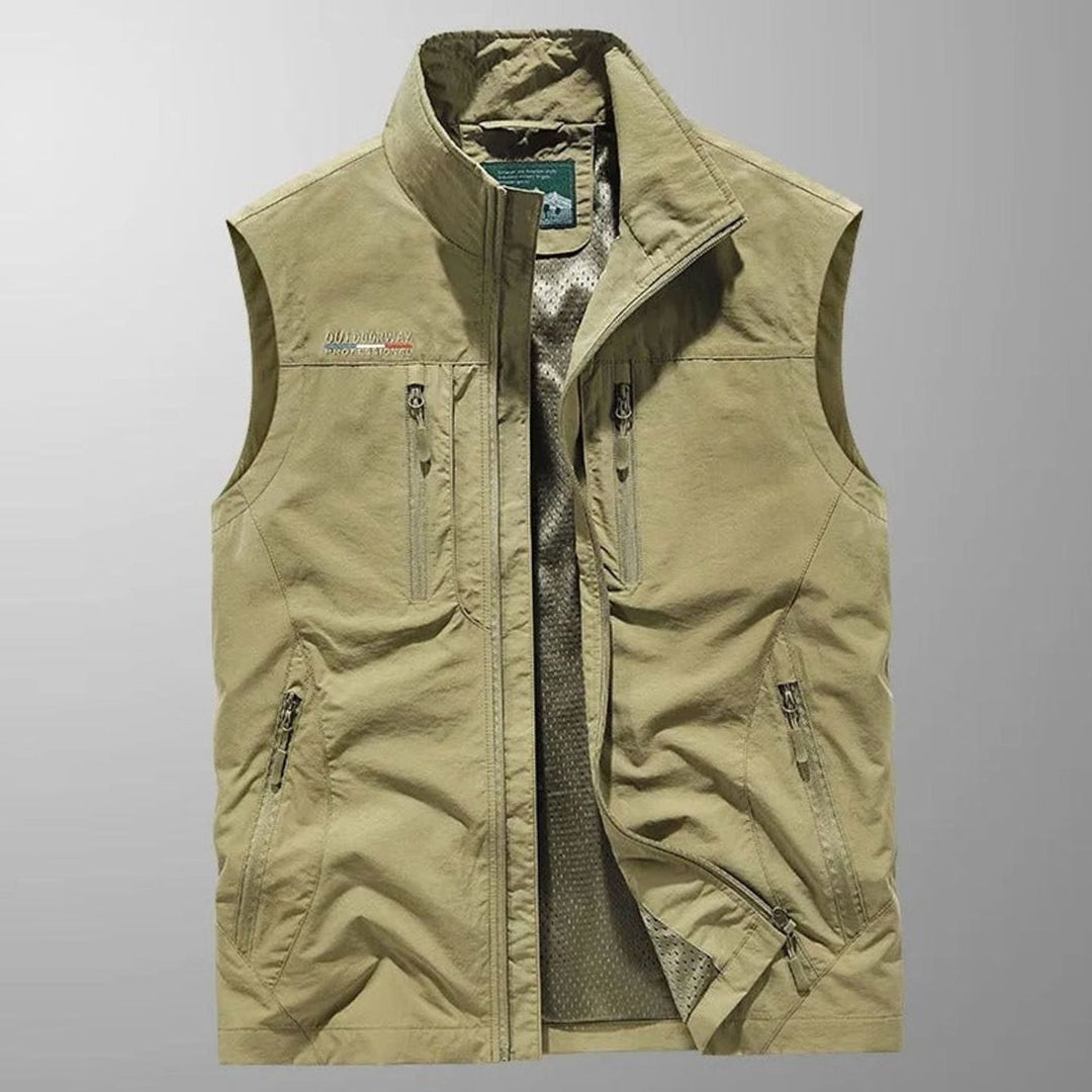 Men's Sleeveless Multi-Pocket Zip-Up Breathable Cargo Vest - Khaki