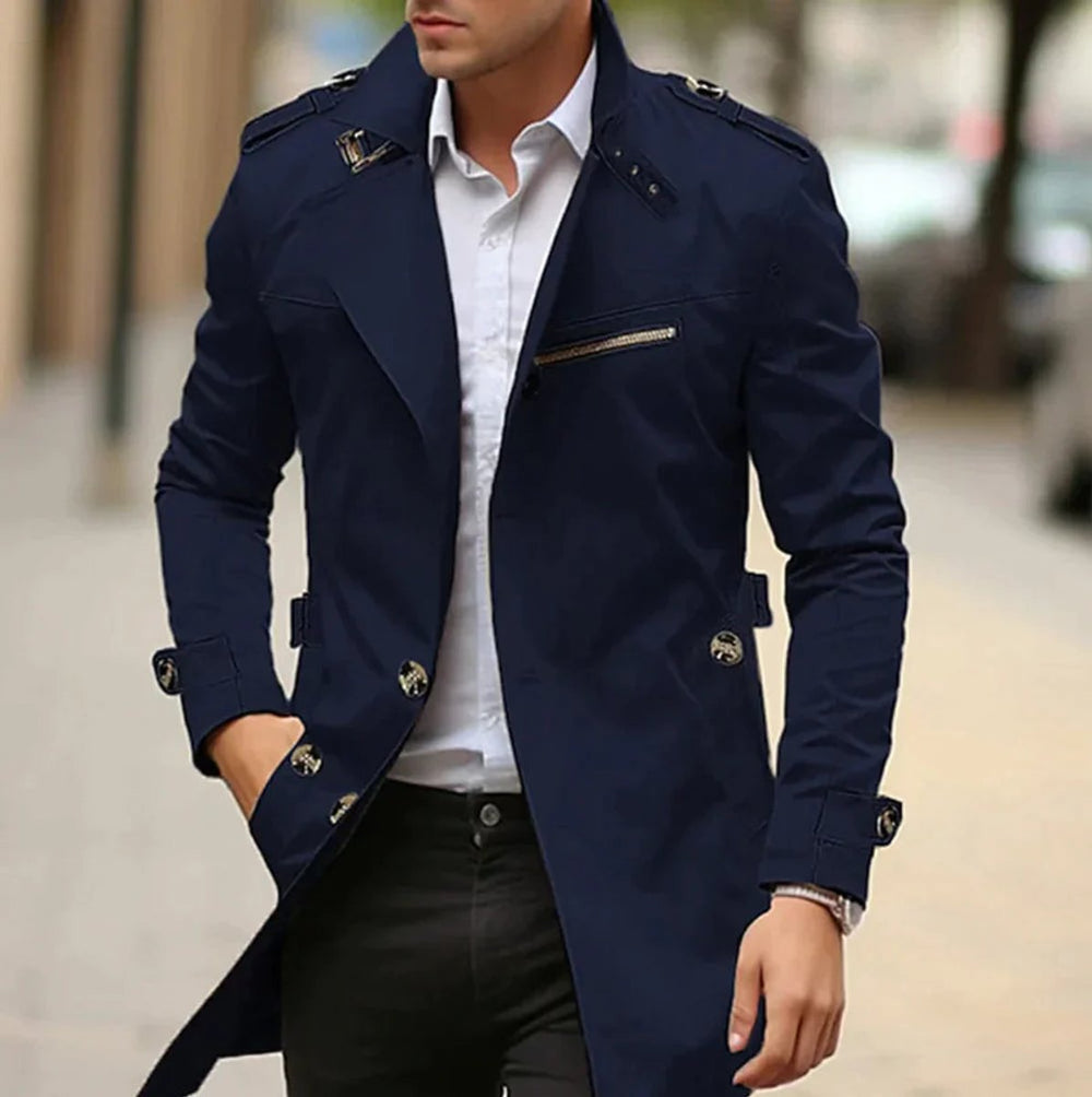 Men's Slim-Fit Belted Trench Mens Wool Coat Epaulette Jacket - Dark Navy