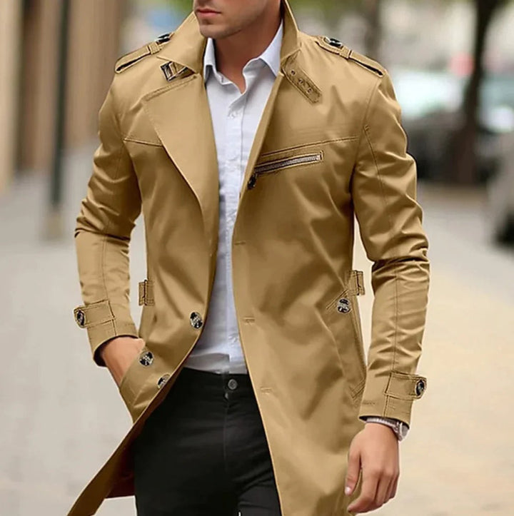 Men's Slim-Fit Belted Trench Mens Wool Coat Epaulette Jacket - Dark Beige