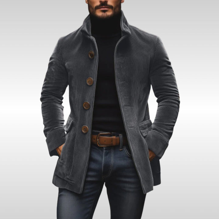 Men's Slim-Fit Corduroy Stand-Collar Wool Coat Button-Up - Gray