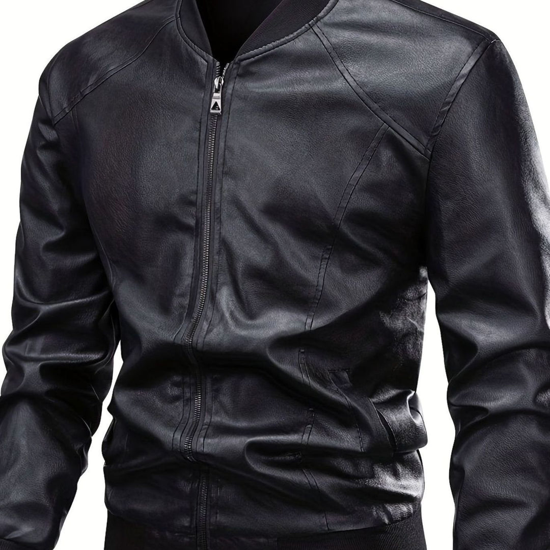 Men's Slim-Fit Faux Leather Full-Zip Bomber Jacket - Black