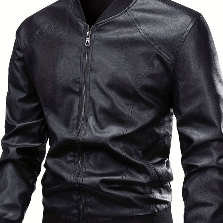 Men's Slim-Fit Faux Leather Full-Zip Bomber Jacket - Black