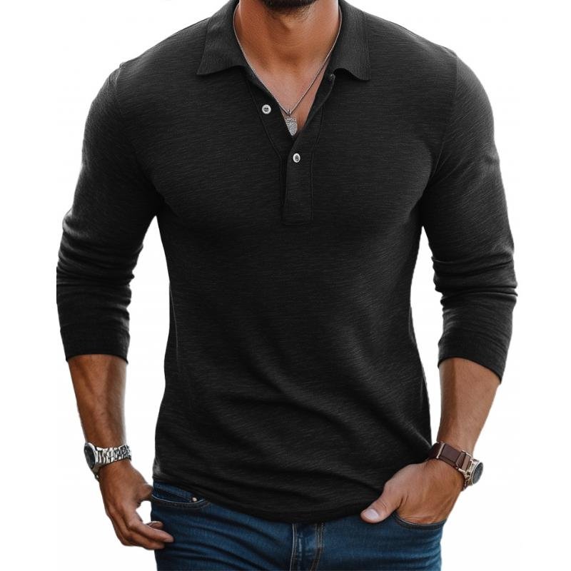 Men's Slim Fit Long Sleeve Satin-Smooth Knit Polo Shirt - Black