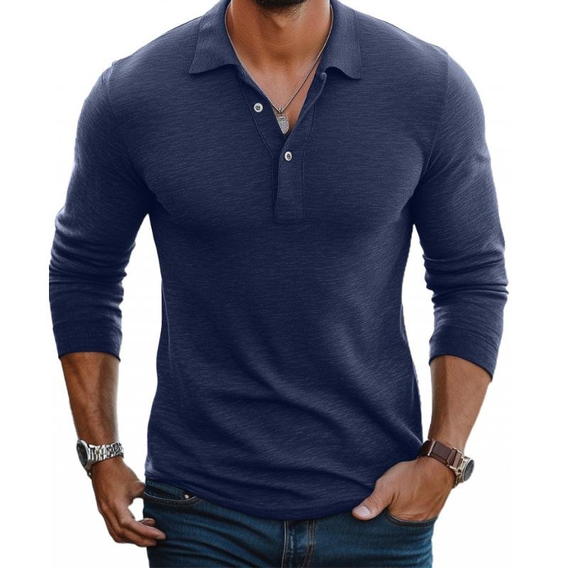 Men's Slim Fit Long Sleeve Satin-Smooth Knit Polo Shirt - Navy Blue