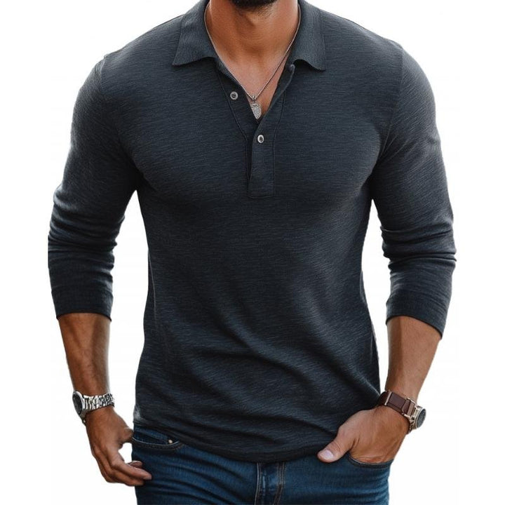 Men's Slim Fit Long Sleeve Satin-Smooth Knit Polo Shirt - Charcoal