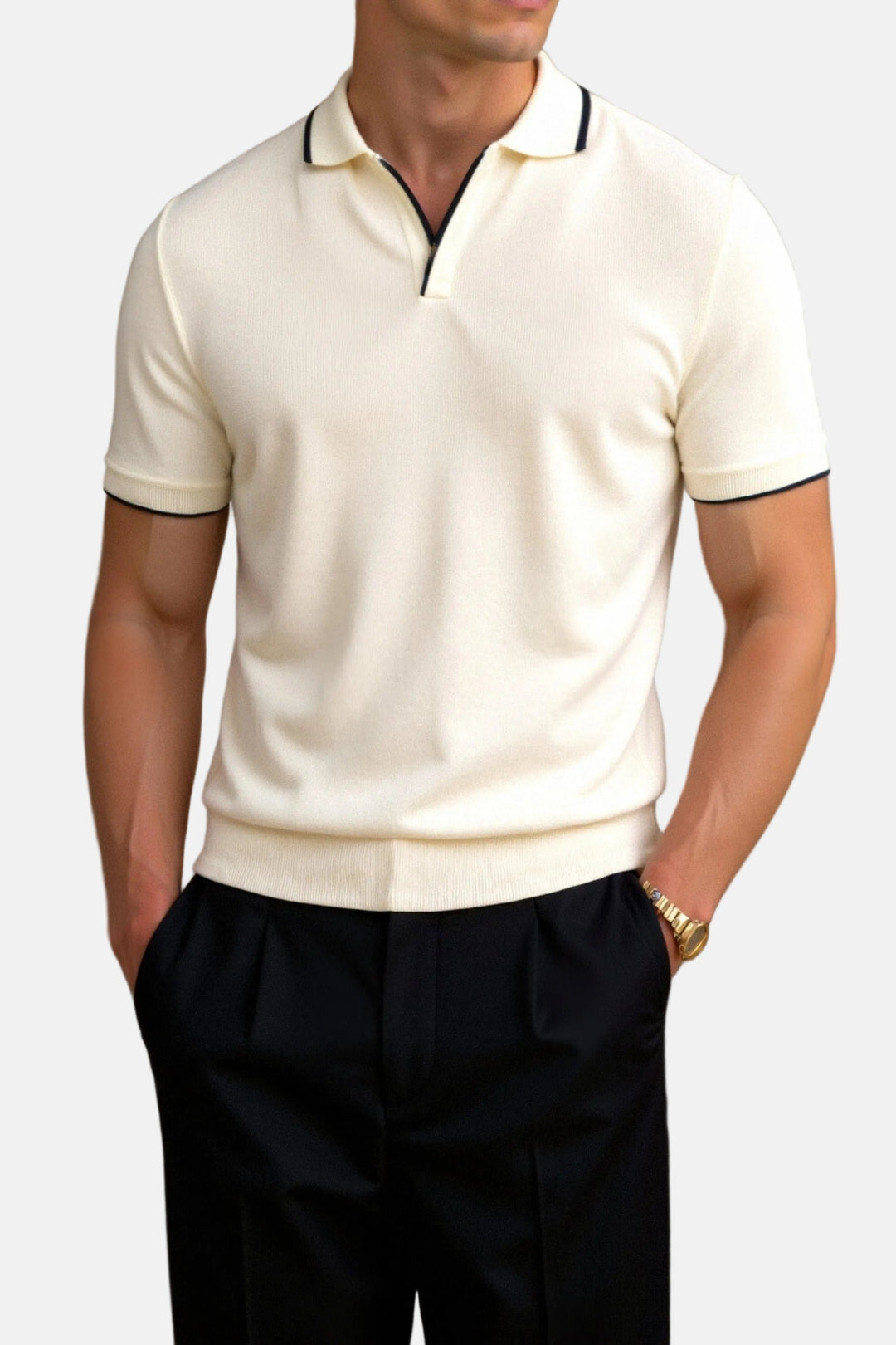 Men's Slim Fit Open-Collar Knit Cotton Polo Shirt - Beige