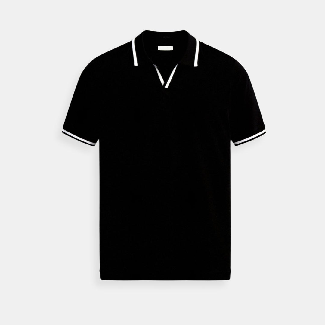 Men's Slim Fit Open-Collar Knit Cotton Polo Shirt - Black
