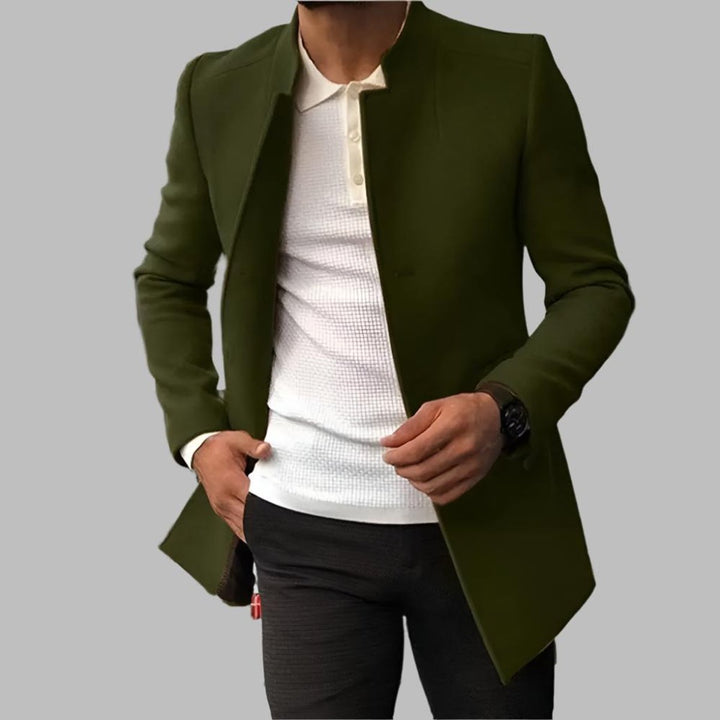 Men's Slim-Fit Open-Front Mens Wool Coat Collarless Blazer - Green