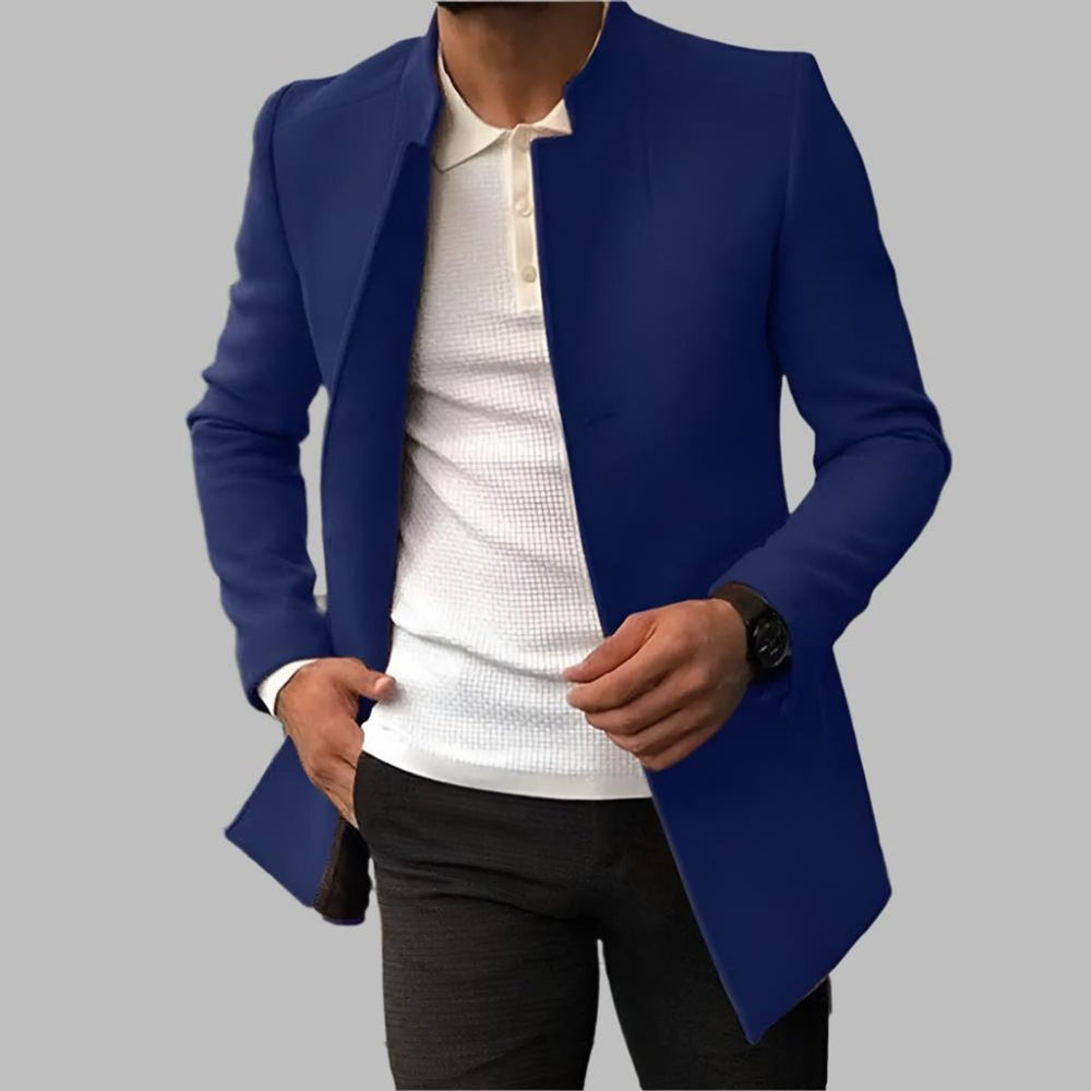 Men's Slim-Fit Open-Front Mens Wool Coat Collarless Blazer - Blue