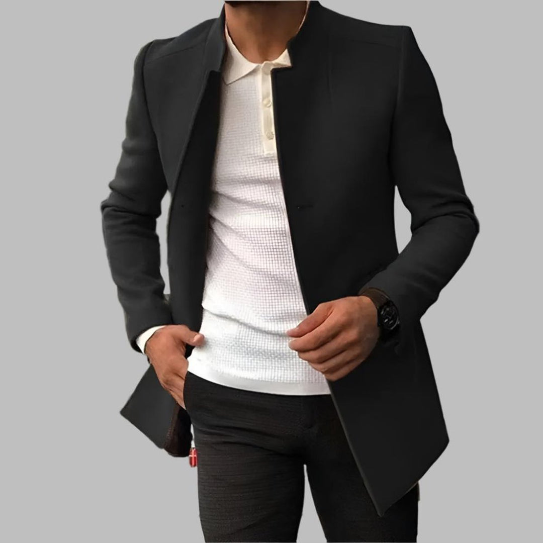 Men's Slim-Fit Open-Front Mens Wool Coat Collarless Blazer - Black
