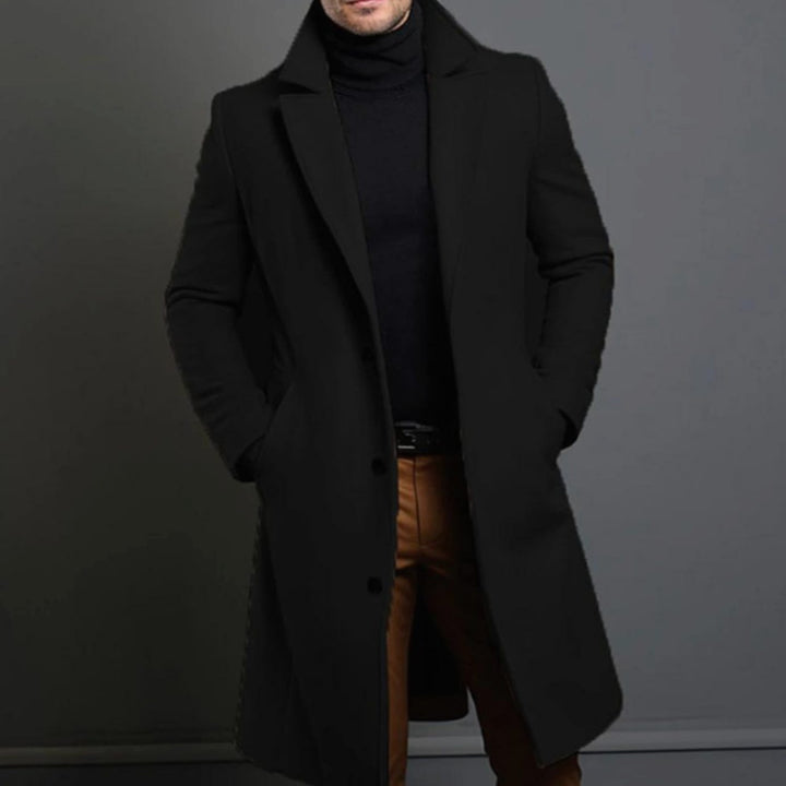Men's Slim-Fit Single-Breasted Long Winter Coat - Black