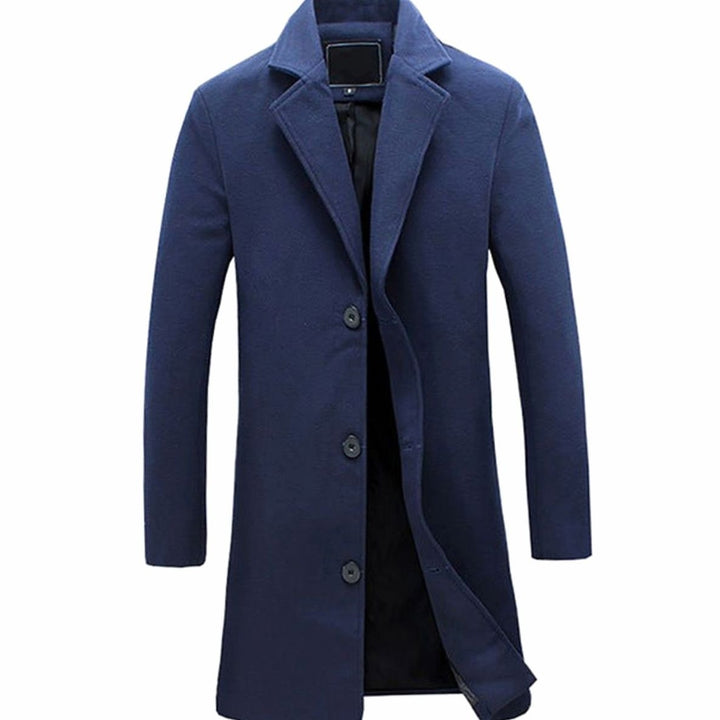 Men's Slim-Fit Single-Breasted Wool-Blend Long Overcoat - Navy Blue