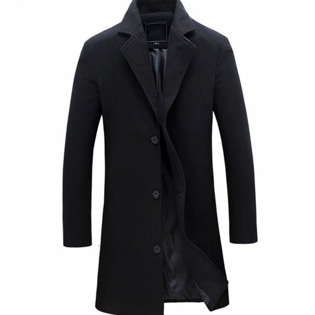 Men's Slim-Fit Single-Breasted Wool-Blend Long Overcoat - Black