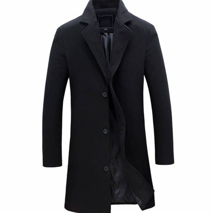 Men's Slim-Fit Single-Breasted Wool-Blend Long Overcoat - Black