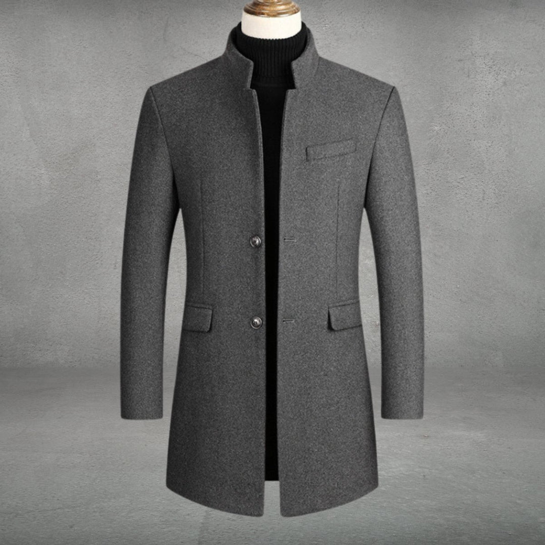 Men's Slim-Fit Stand-Collar Wool Coat Single-Breasted Overcoat - Gray
