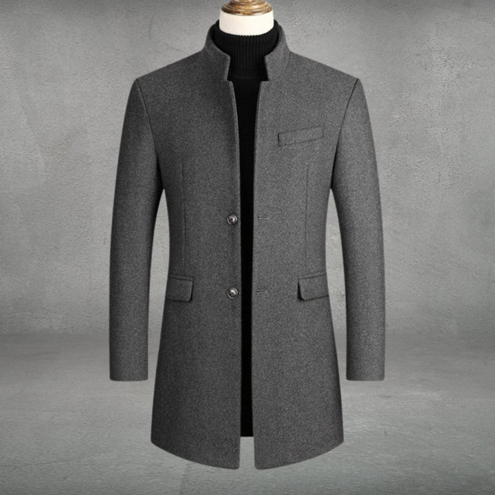 Men's Slim-Fit Stand-Collar Wool Coat Single-Breasted Overcoat - Gray