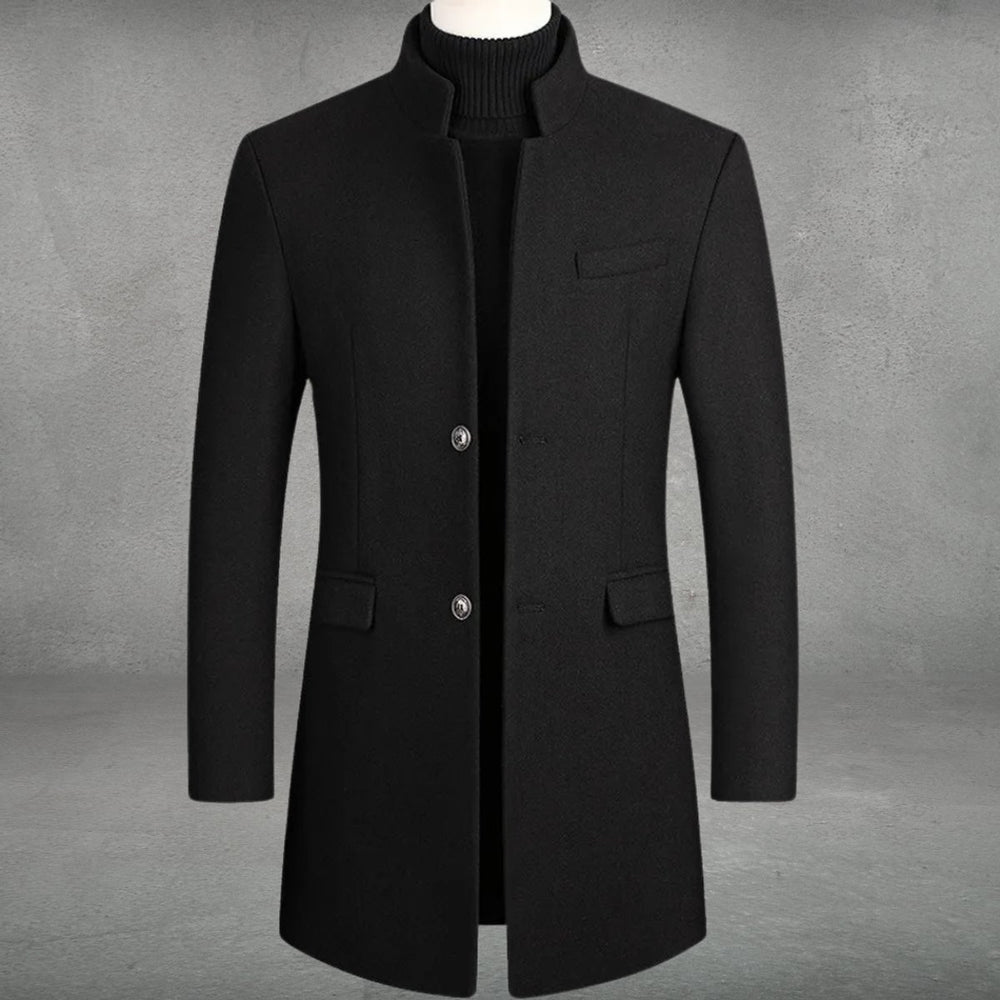 Men's Slim-Fit Stand-Collar Wool Coat Single-Breasted Overcoat