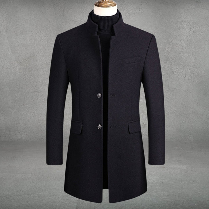 Men's Slim-Fit Stand-Collar Wool Coat Single-Breasted Overcoat - Black