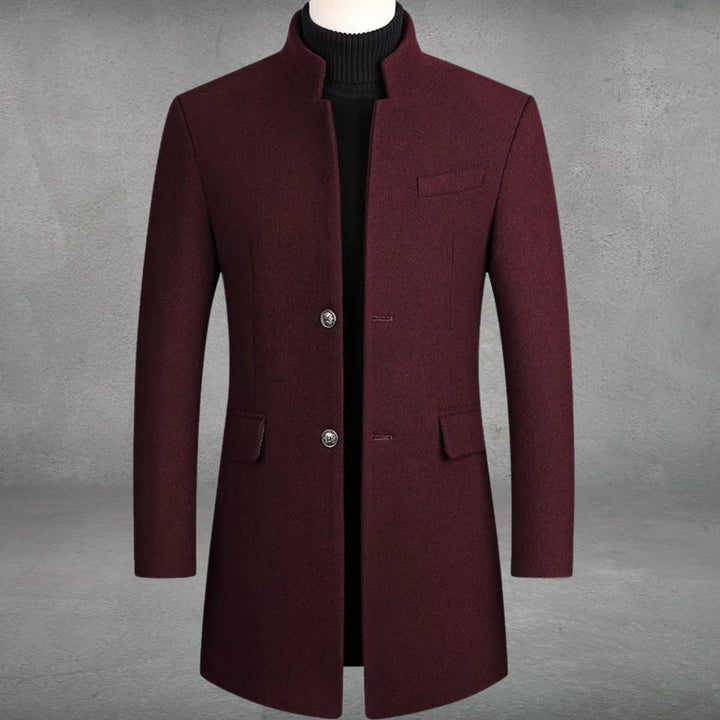Men's Slim-Fit Stand-Collar Wool Coat Single-Breasted Overcoat - Burgundy