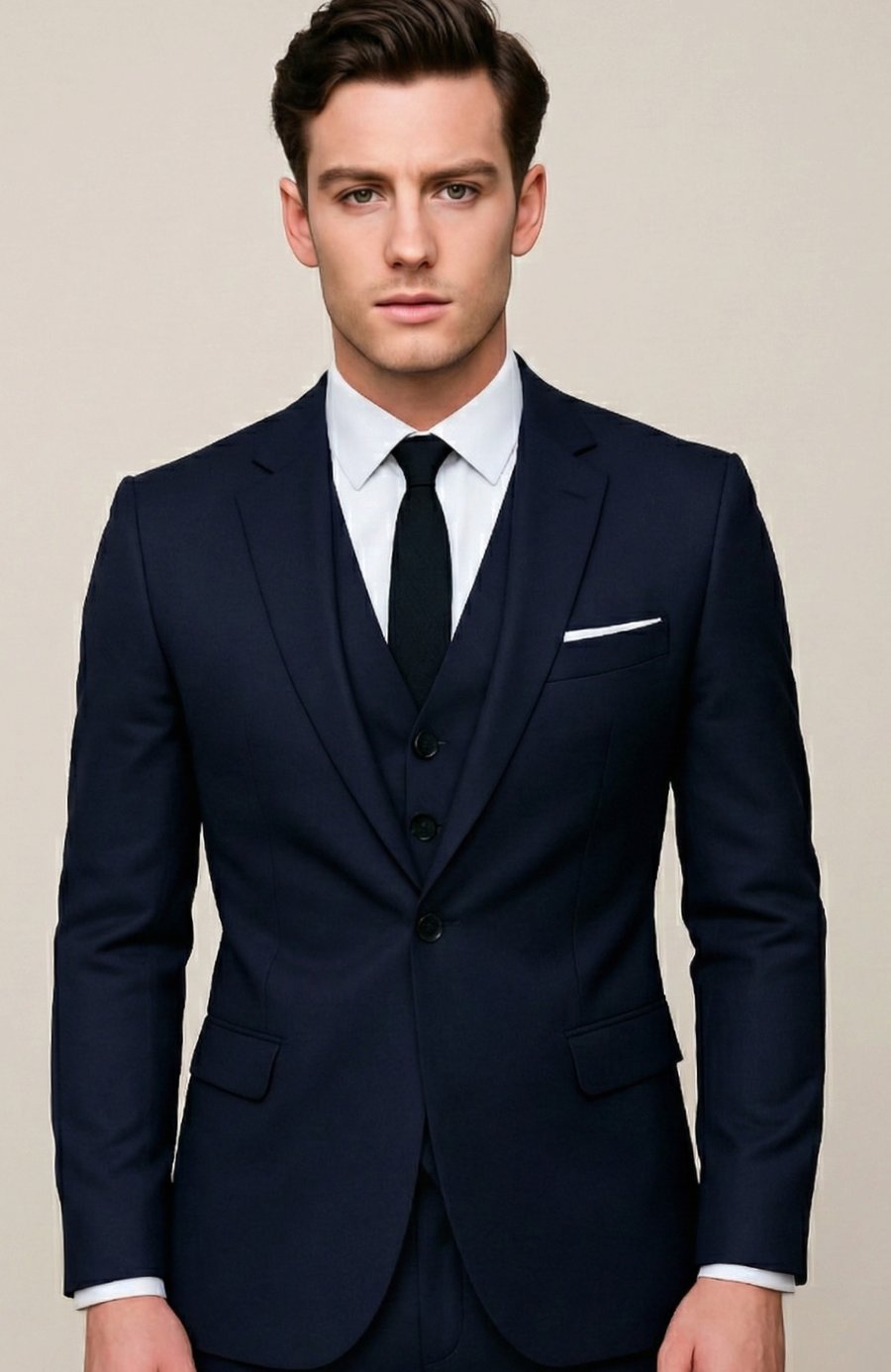 Men's Slim-Fit Three-Piece Suit Single-Breasted Blazer Vest Pants Set - Navy Blue
