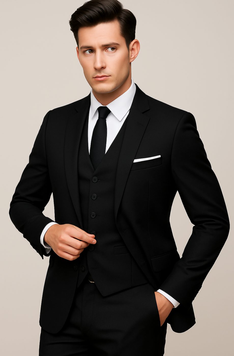 Men's Slim-Fit Three-Piece Suit Single-Breasted Blazer Vest Pants Set - Black