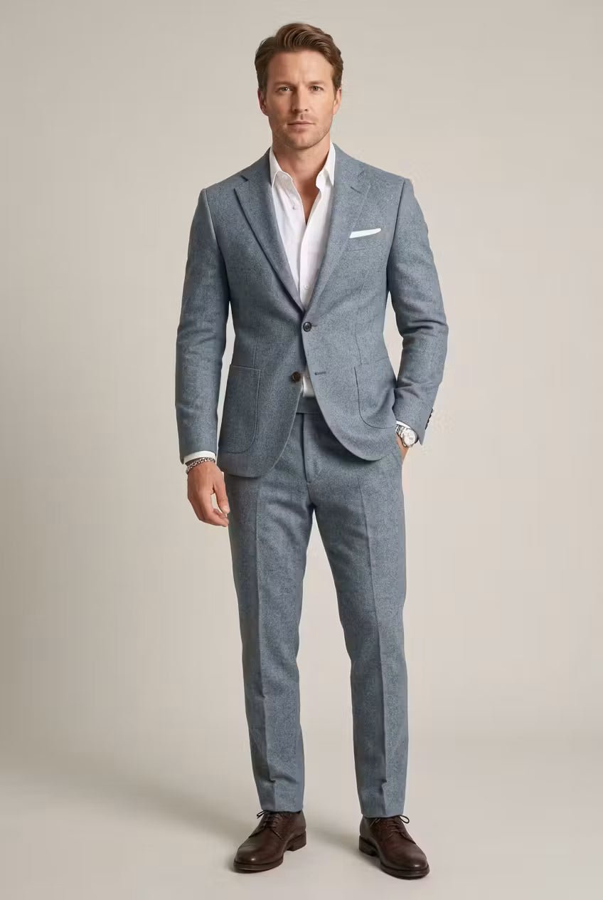 Men's Slim-Fit Two-Piece Suit Structured Blazer Pants Set - Light Blue