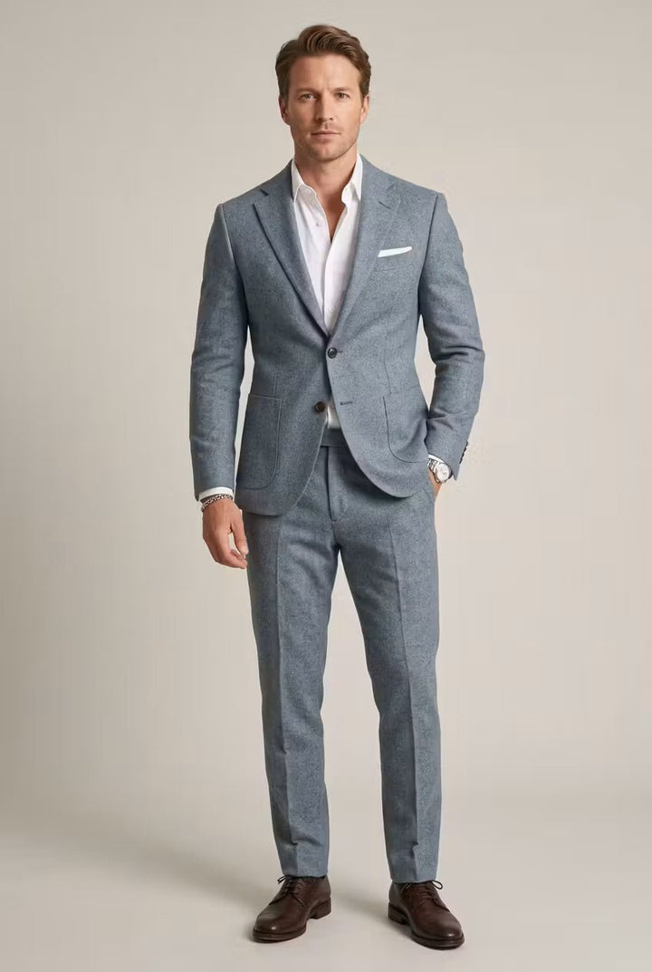 Men's Slim-Fit Two-Piece Suit Structured Blazer Pants Set - Light Blue
