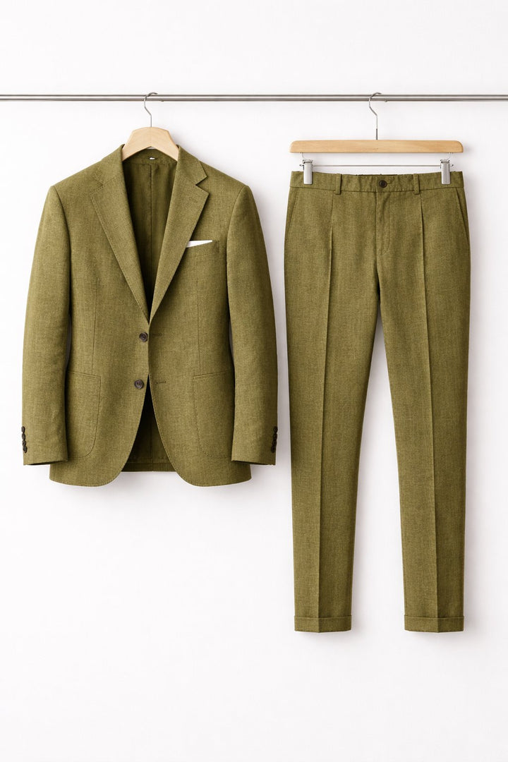 Men's Slim-Fit Two-Piece Suit Structured Blazer Pants Set - Olive Green