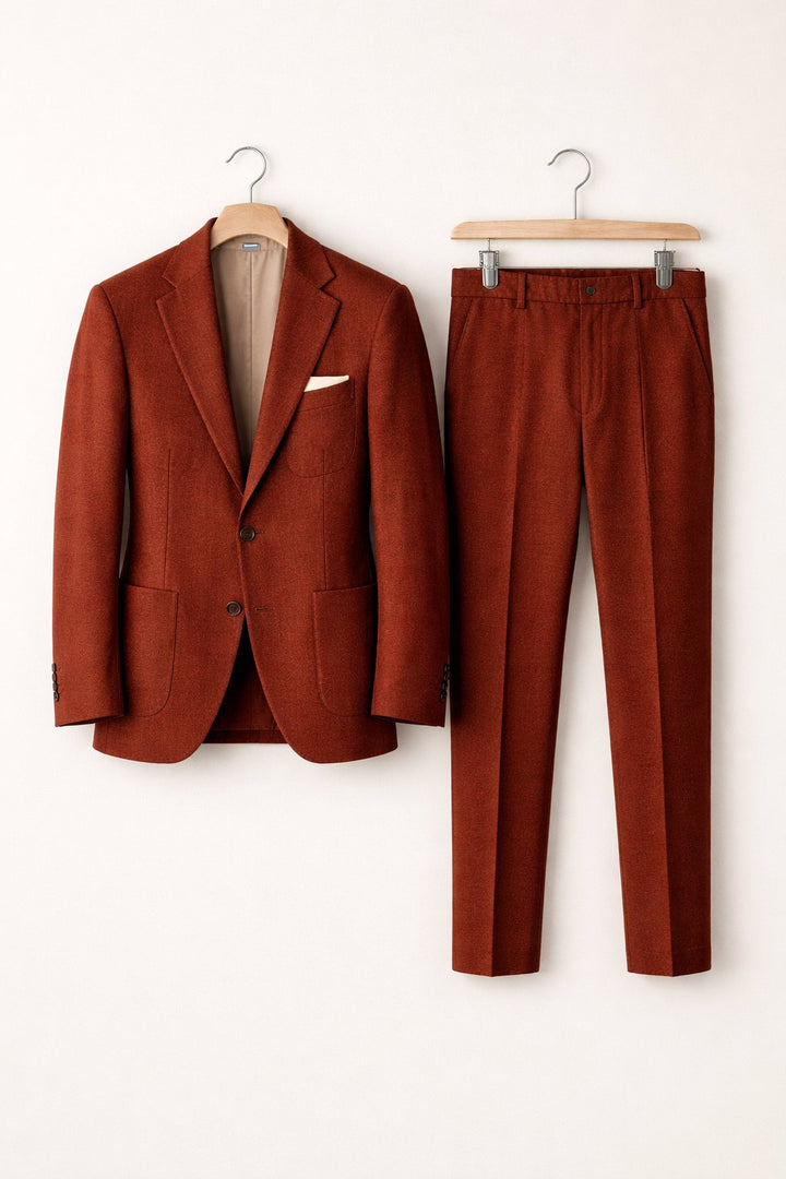 Men's Slim-Fit Two-Piece Suit Structured Blazer Pants Set - Burgundy